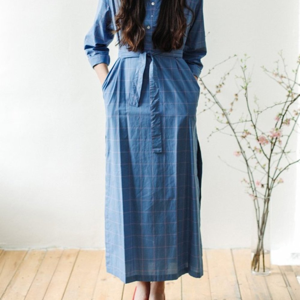 Horses Tie Belt Dress in Pastel Grid